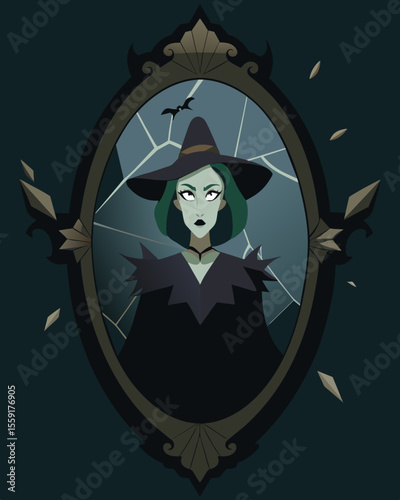 In a dark witchs lair a cracked mirror displayed the viewers deepest fears and insecurities making them easy targets for manipulation.. Vector illustration