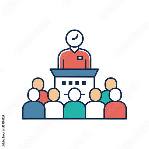 audience in chairs facing a speaker seminar icon