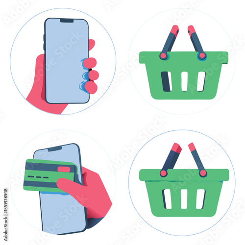 Mobile shopping concept with credit card and shopping basket icons