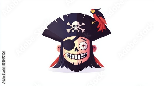 A vibrant pirate character with an eyepatch, a skull hat, and a colorful parrot perched on his shoulder.