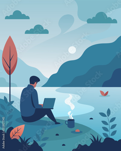 The morning mist hangs over the shoreline cloaking the lone figure typing away on their laptop in a serene silence only interrupted by the occasional rustle of leaves.. Vector illustration