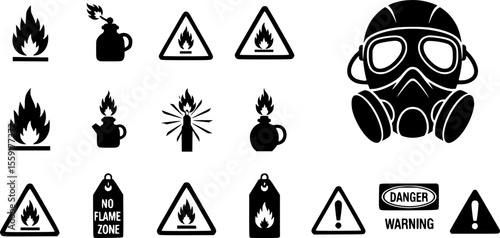 Gas safety glyph icon set. Vector pictograms of flammable, toxic, explosive, warning, danger, protective mask, no flame zone, label, black sign silhouette illustration