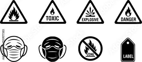 Gas safety glyph icon set. Vector pictograms of flammable, toxic, explosive, warning, danger, protective mask, no flame zone, label, black sign silhouette illustration
