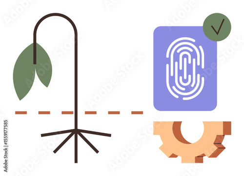 Withered plant and root system transformed into fingerprint and gear symbol. Ideal for sustainability, innovation, technology progress, eco-solutions, circular economy, environmental responsibility