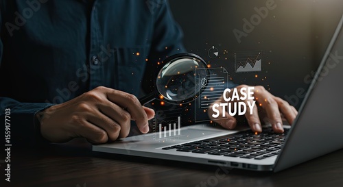 In-Depth Case Study Research and Data Analysis: Researcher Using a Laptop with a Holographic Magnifying Glass for a Case Study Investigation and Academic Analysis.