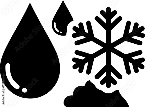 Defrost, melting, heater icon with water drop and snowflake symbol representing thawing, temperature control, cooling systems, and ice melting in flat vector design