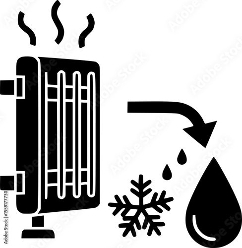 Defrost, melting, heater icon with water drop and snowflake symbol representing thawing, temperature control, cooling systems, and ice melting in flat vector design