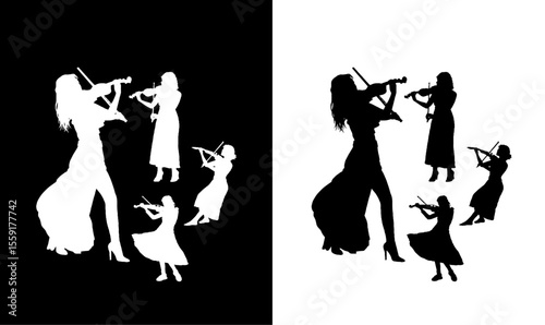 violinist playing women silhouette set vector illustration, women, women singing silhouette, music, song, fun, violin silhouette, violin, art, design, symbol, silhouette, icon, logo,