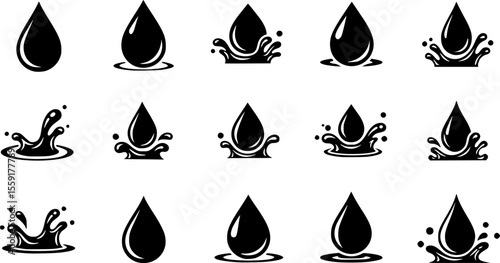 Black and white vector icons depicting water droplets and water splashes in a simple silhouette style
