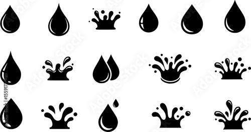 Black and white vector icons depicting water droplets and water splashes in a simple silhouette style
