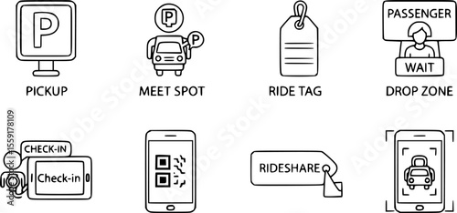 outline vector icons of parking for ride share: pickup icon, driver meet spot, passenger wait, ride tag, drop zone, QR check-in, rideshare , app scan. No text. The icons should be clean. isolated