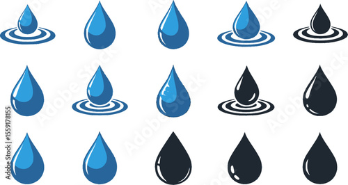 Arrangement of blue and black water drop icons set
