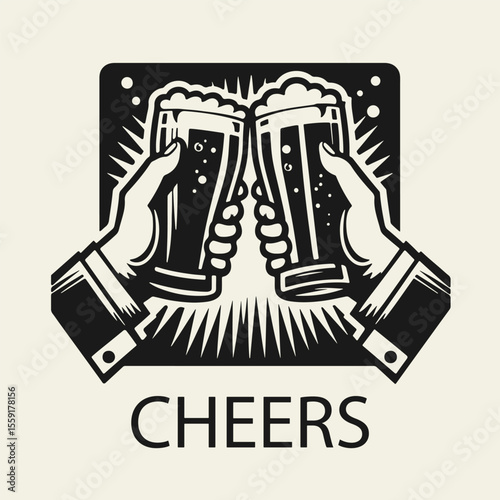 Black and white flat vector illustration of two hands clinking beer glasses with the word "Cheers". Perfect for bar, Oktoberfest, or beer-themed designs and logos.