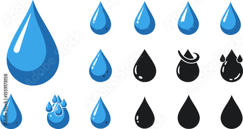 Arrangement of blue and black water drop icons set
