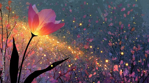  A pink flower in a field of flowers under a star-filled sky