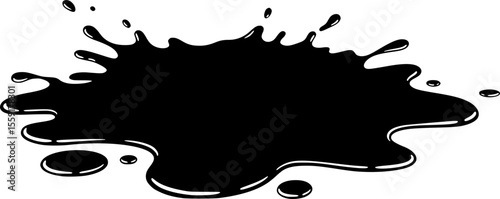 Black silhouette of puddle, a stain, dirt blot or blob. Paint, ink, black water with splashes and drops. Silhouette, shape, form. Stain of splashes, drops of a liquid. Isolated, vector illustration