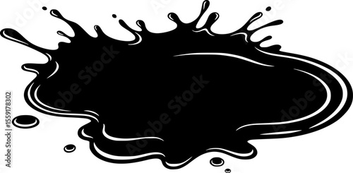 Black silhouette of puddle, a stain, dirt blot or blob. Paint, ink, black water with splashes and drops. Silhouette, shape, form. Stain of splashes, drops of a liquid. Isolated, vector illustration