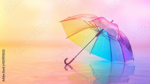 Fantasy-style illustration of a transparent rainbow umbrella floating mid-air with light reflections on a clean pastel gradient background, symbolizing emotional protection, resilience, and colorful 