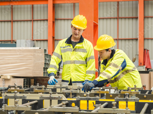 Leader manager talk work order staff male engineer technician team hard hat and uniform safety vest hand holding tool maintenance inspection check heavy machine technology produc in industry factory