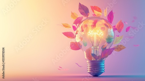 Illustration of a glowing lightbulb with multicolored leaves sprouting from it, floating in a soft pastel background, symbolizing the growth of ideas, emotional wellness, and creative mental energy