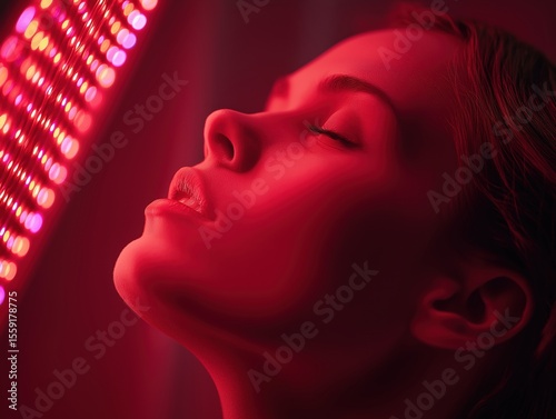 Woman experiencing red light therapy with wearable device, eyes closed, illuminated by vibrant LED lights, showcasing relaxation and wellness benefits of innovative technology