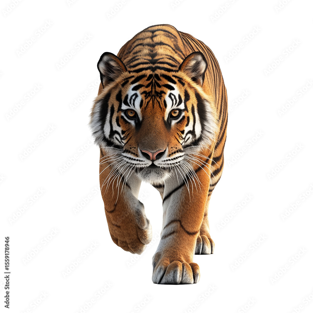 Obraz premium Majestic tiger walking towards the camera on black background a powerful wild cat