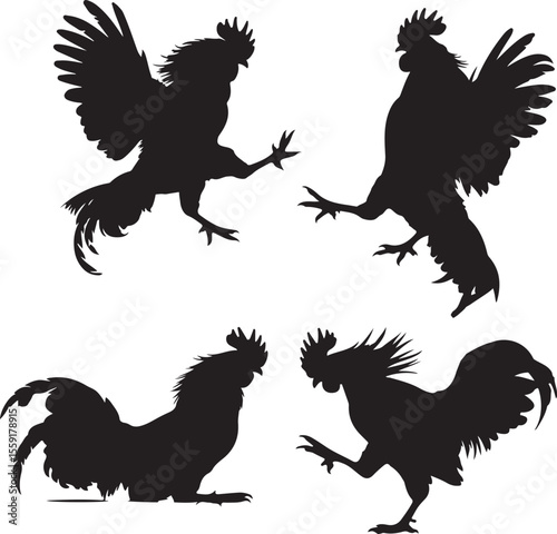 Silhouette illustrations of four roosters displaying various poses and movements against white background