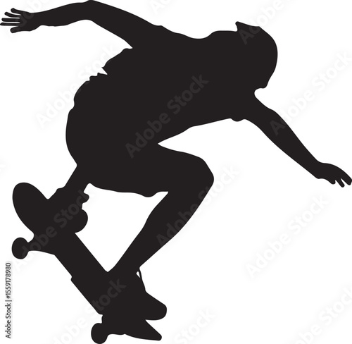 Silhouette of a skateboarder performing a trick on a white background in vector art