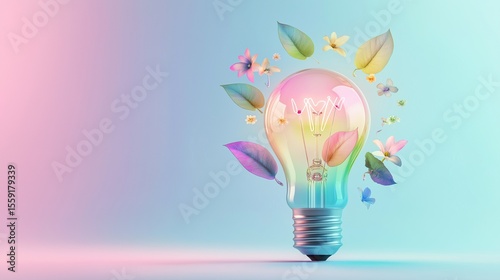 Vibrant illustration of a glowing lightbulb blooming with rainbow-colored leaves and flowers on a soft pastel background, symbolizing the growth of ideas, emotional wellness, and creativity through 