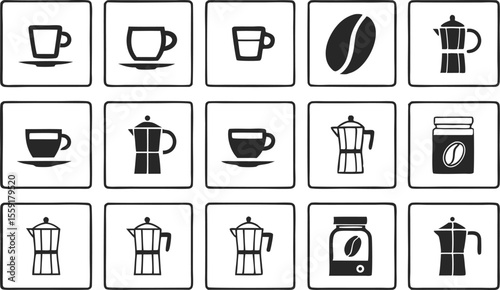 Collection of coffee icons displaying cups beans coffee makers and related elements