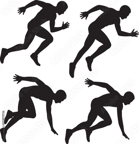Four black silhouettes of running athletes demonstrating speed and endurance during a sprint