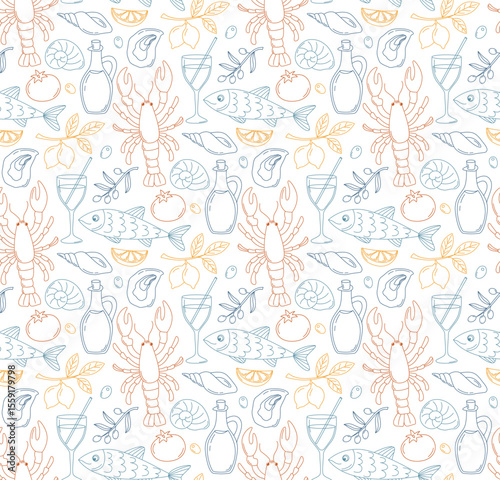 Colorful seamless Mediterranean background with doodle style elements. Italian summer pattern with seafood, lobsters, olive oil, shells, olives, lemons, tomato, drink