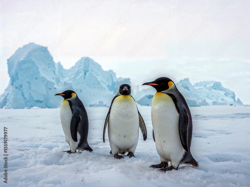 Fototapeta premium Three penguins in a snowy environment