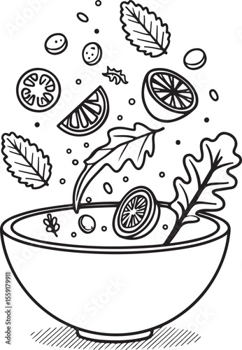Salad Flying Floating Flying into Bowl Plate Vector Illustration, Sketch Drawing Line Linear Symbol Icon Engraving Coloring Book, Hand-drawn Black and White Isolated