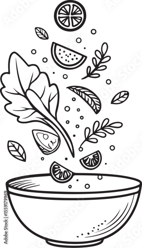 Salad Flying Floating Flying into Bowl Plate Vector Illustration, Sketch Drawing Line Linear Symbol Icon Engraving Coloring Book, Hand-drawn Black and White Isolated