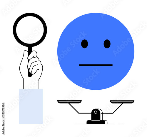 Hand holding magnifier examining blue neutral face alongside balanced scale representing analysis, fairness, and decision-making. Ideal for justice, neutrality, evaluation, objectivity, equality