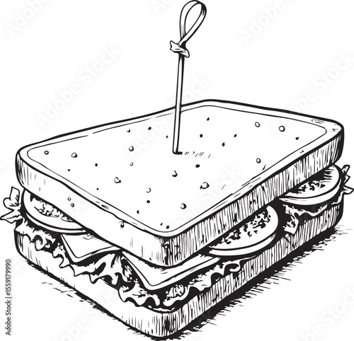 Sandwich with a Toothpick Vector Illustration, Sketch Drawing Line Linear Symbol Icon Engraving Coloring Book, Hand-drawn Black and White Isolated