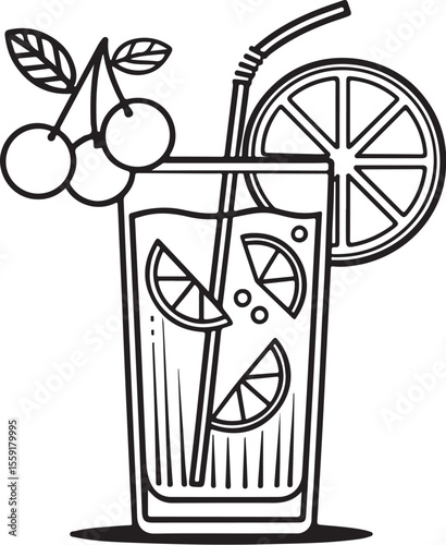 singapore sling cocktail Vector Illustration, Sketch Drawing Line Linear Symbol Icon Engraving Coloring Book, Hand-drawn Black and White Isolated