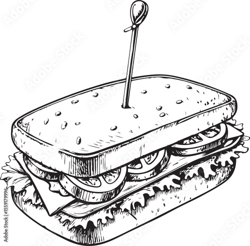 Sandwich with a Toothpick Vector Illustration, Sketch Drawing Line Linear Symbol Icon Engraving Coloring Book, Hand-drawn Black and White Isolated