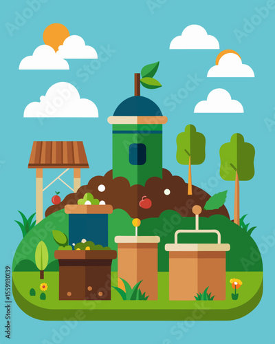A community composting center diverting organic waste from landfills and producing nutrientrich soil for urban gardens.. Vector illustration