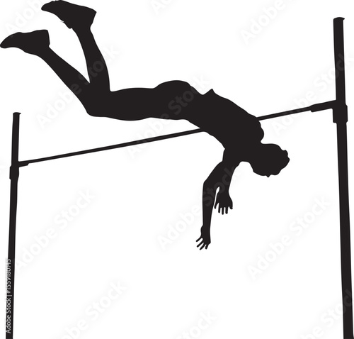 Silhouette of a pole vaulter clearing the bar during athletic competition
