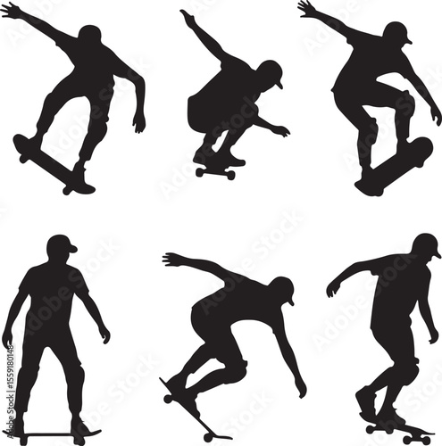 Silhouette illustrations of skateboarders performing action tricks and posing on skateboards