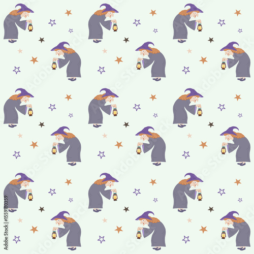 Halloween wicked witch cartoon vector featuring a glowing lantern and spooky halloween night theme illustration seamless