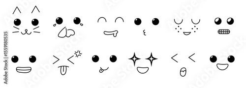 linear cute kawaii faces set in vector. Elements for avatar sticker poster print mascot design character postcard