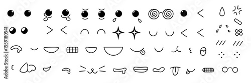 linear cute kawaii part of faces set in vector.. Elements for avatar sticker poster print mascot design character postcard