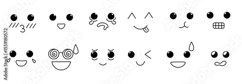 linear cute kawaii faces set in vector. Elements for avatar sticker poster print mascot design character postcard