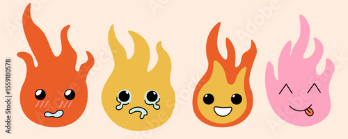 flame kawaii characters set in doodle style in vector. Element for design advertisement mail posts poster print postcard banner