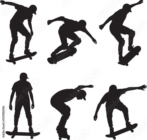 Silhouetted skateboarders performing various action poses against a clean white background