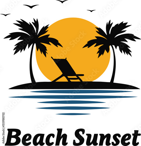 Serene beach sunset scene featuring palm trees birds beach chair and golden sun