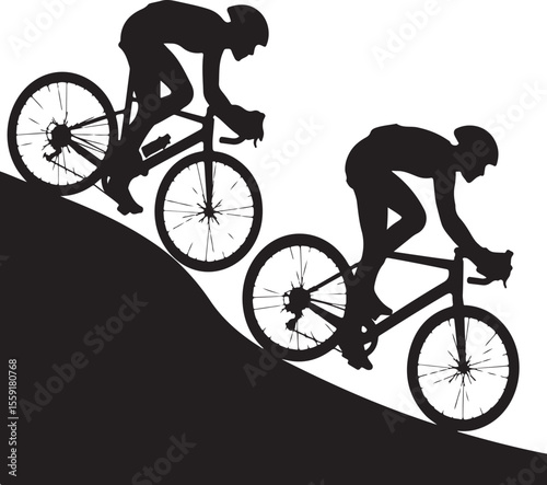 Two cyclists ascending a hill in black and white silhouette graphic representation